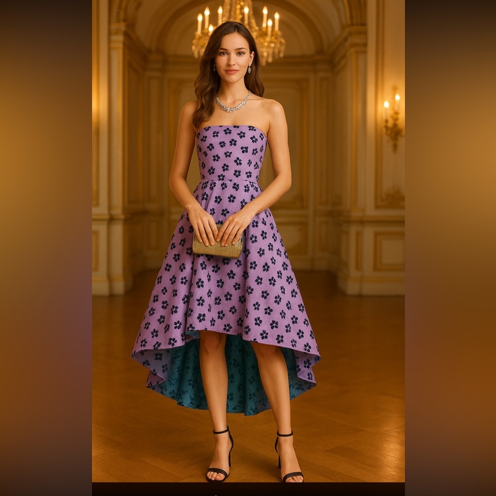 Shoshanna Lilac Strapless High-Low Dress with Black Floral Print and Teal Lining